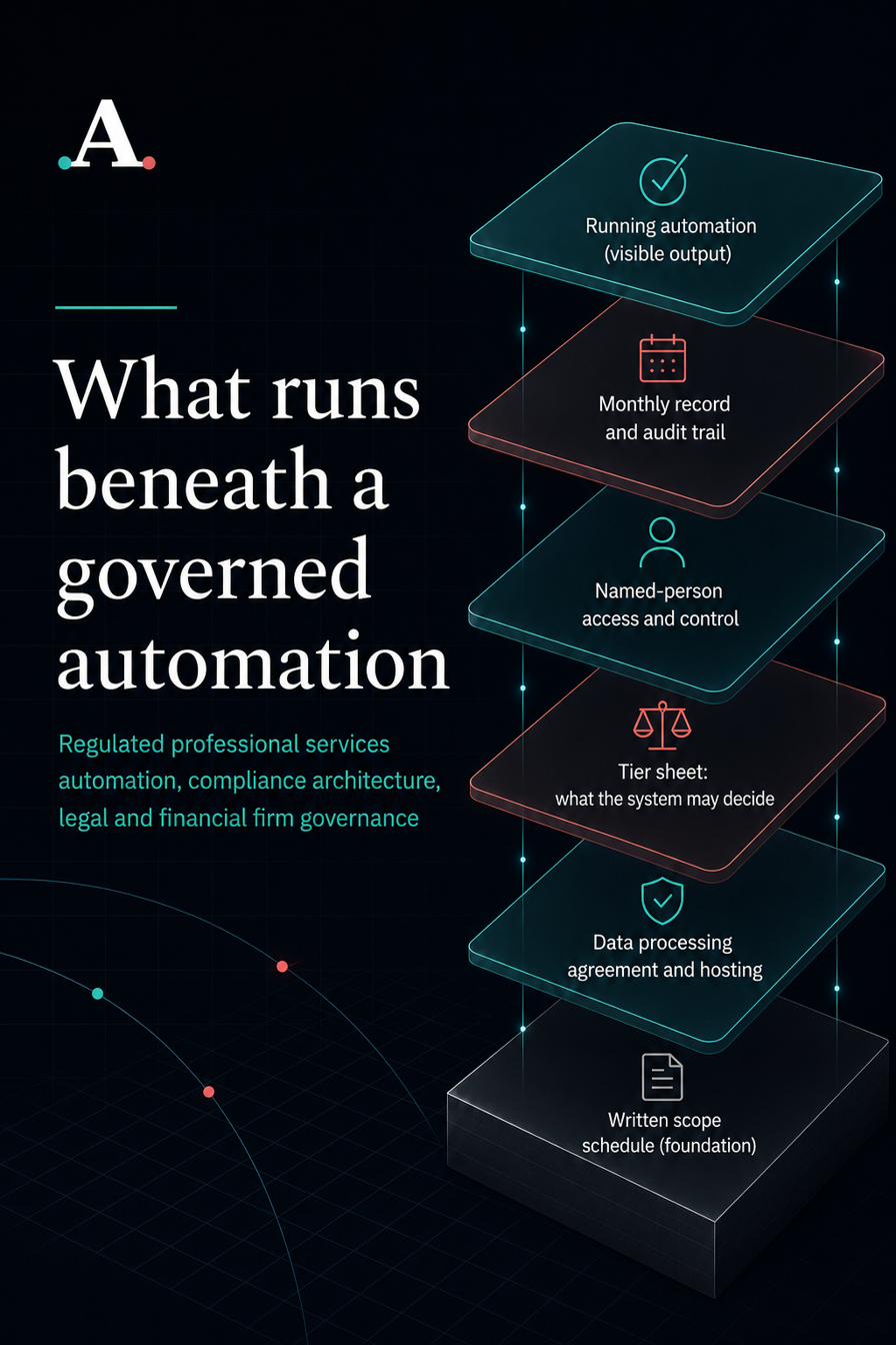 Six layers of a governed automation, from the written scope schedule at the foundation up to the running automation at the top